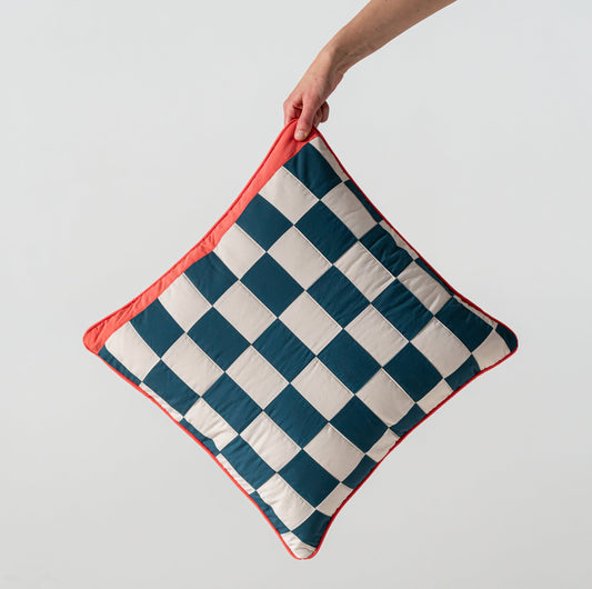 Checker blue and cream pillow